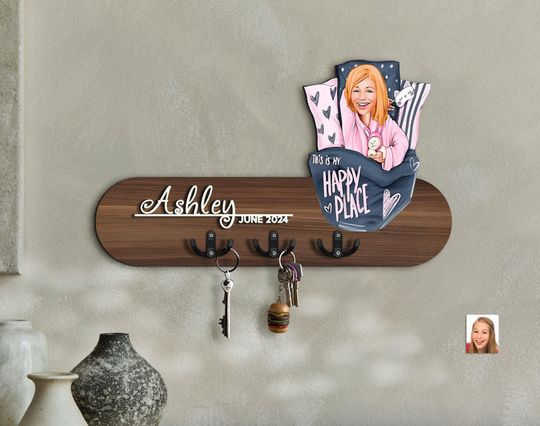 Personalized 3D Wood Cartoon Portrait Entryway Organizer, Custom Caricature Portrait, Wooden Key Holder, Wood Wall Hanger, Gift for Her