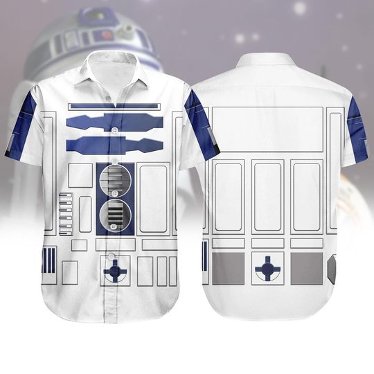 R2D2 Star Wars Cosplay Button Shirt, Star Wars Droid Hawaiian Shirt, Robots Vacation Shirt, Galaxy Edge Shirt Men, Halloween Gifts