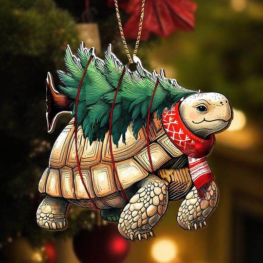 Christmas Turtle Ornament, Cute Animal Xmas Ornament, Tortoise with Xmas Ornament, Christmas Tree Decor, Xmas Holiday 2025 Gift