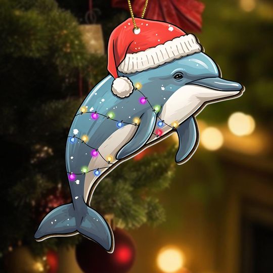 Christmas Dolphin Ornament, Dolphin Sante Hat Xmas Ornament, Sea Life Tree Decor For Holiday, Christmas Tree Decor, Fun Xmas Gifts