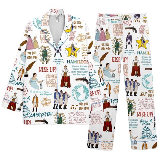 Discover Hamilt0nn Style White Pajamas Set Cartoon, Funny Pattern Sleepwear Gift, Comfortable Loungewear Hamilt Set, Cute Loungewear Sleep Set Hamilt