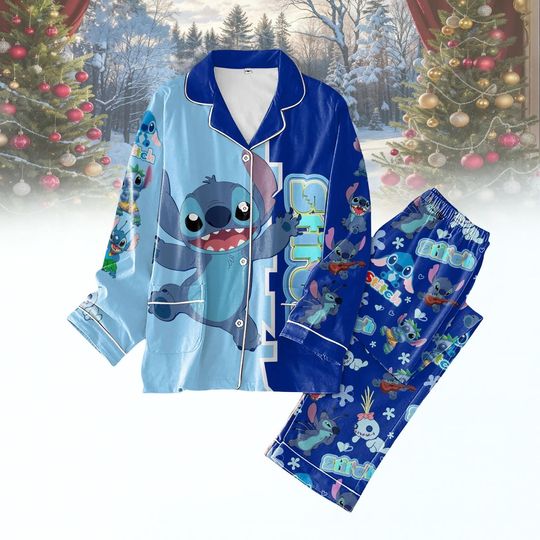 Discover Disney Stitch Pajamas Set, Cute Blue Alien Sleepwear, Lilo and Stitch Cartoon Pajama Gift for Disney Fans, Xmas Holiday Pjs