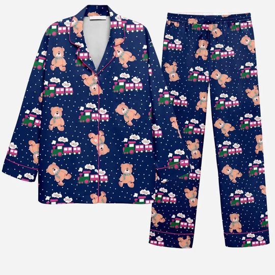Discover Teddy Bear and Train Christmas Pajama Set, Cartoon Pajama Set for Women, Teddy Bear and Train PJs, Cute Blue Sleepwear, Holiday Outfit Gifts