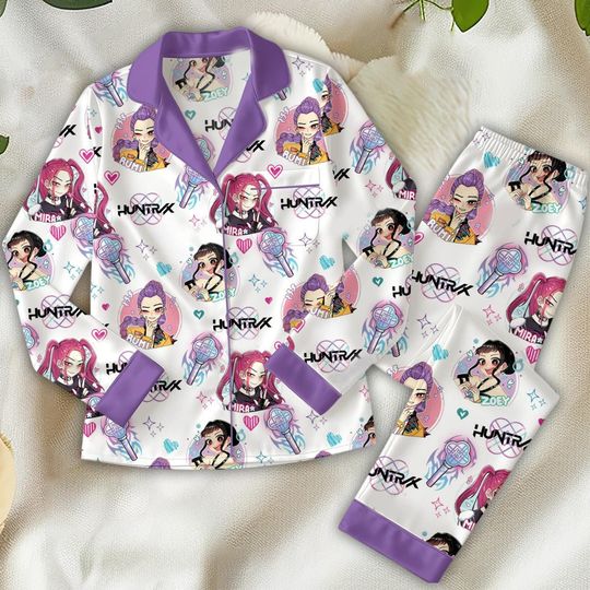 Discover Anime Girl Pajama Set, Purple Cartoon Characters Sleepwear, Kawaii Print Long PJs, Gamer Loungewear, Video Game Inspired Gift for Her