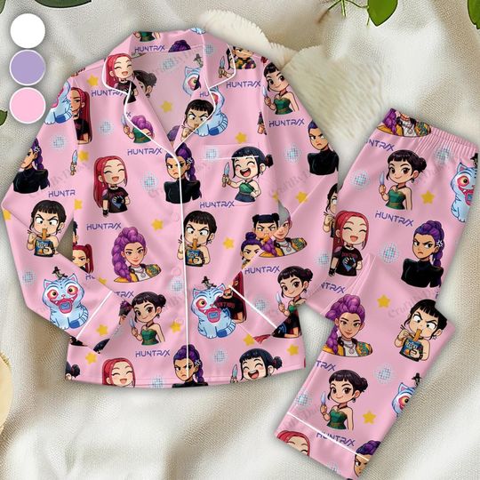Discover Anime Girl Pajama Set, Cartoon Characters Sleepwear, Long Sleeve Satin PJs, Gamer Loungewear, Video Game Inspired Gift for Her