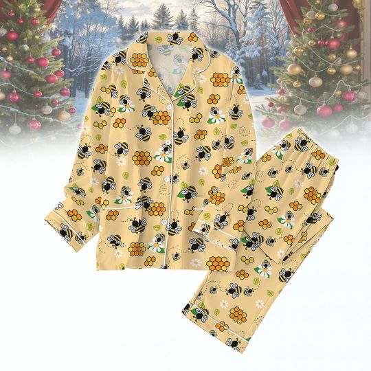 Discover Bee Pajamas Set, Cute Honeycomb Sleepwear, Cartoon Bee Lover Loungewear, Cozy Pajama Gift, Xmas Holiday Women Pajamas, Gift For Her