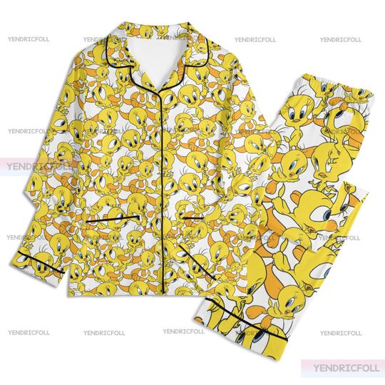 Tweety Bird Cartoon Unisex Long Sleeve Adult Nightwear Pajama Set, Adult Pajamas Set, Tweety Bird Pajamas, Silk Pajamas Set, Christmas Gift
