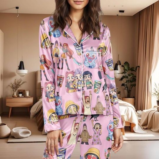 Discover Cartoon Characters Pajama Set, Funny Anime Print Sleepwear, Long Sleeve Satin PJs, Women's Loungewear, Unique Gift for Her