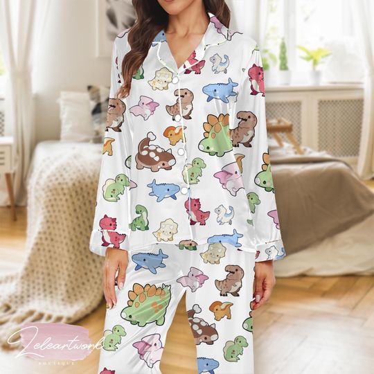 Cute Dinosaur Character Pajama Set  Colorful Cartoon Dino Sleepwear for Women