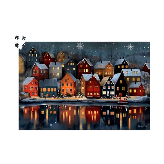 Discover Whimsical Scandinavian Christmas Jigsaw Puzzle: Festive Houses by a Nordic Waterway | Norwegian Holiday Night by Durazza