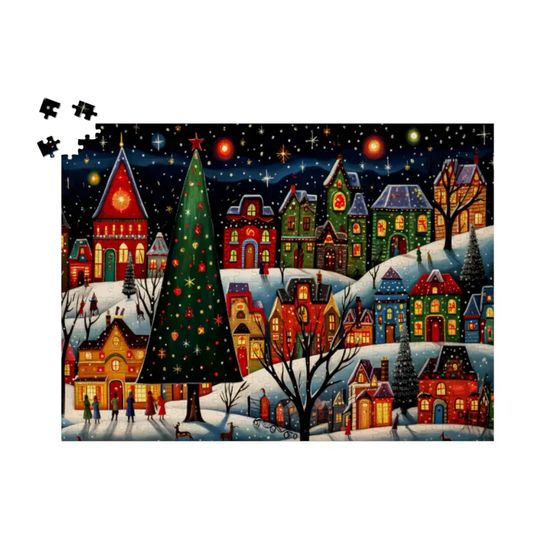 Twinkling Christmas Village Jigsaw Puzzle, Colorful Christmas Activity, Starry Night Sky Holiday Decor