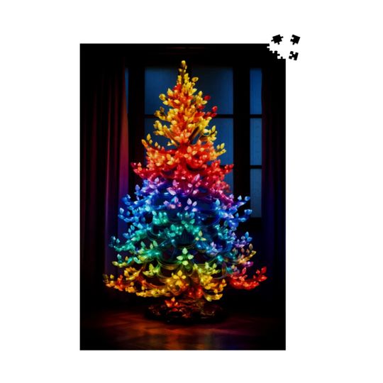 Discover Rainbow Christmas Tree Jigsaw Puzzle: Whimsical Holiday Delight, Vibrant Tree Holiday Decor, Colorful Brain Game