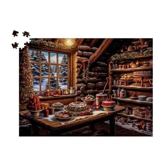 Discover Log Cabin Baking Bliss Wooden Jigsaw Puzzle: Festive Christmas Dessert, Snowy Forest Views, Cozy Holiday Baking Scene