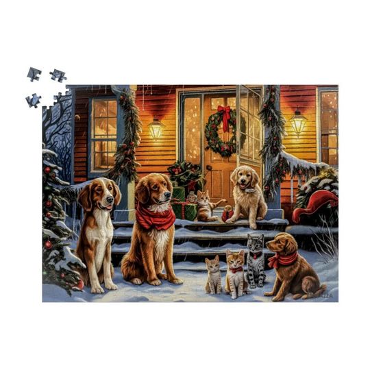 Discover Icy Paws and Christmas Claws Wooden Jigsaw Puzzle: Cat and Dog Christmas Puzzle, Holiday Porch Snow Scene with Furry Animal