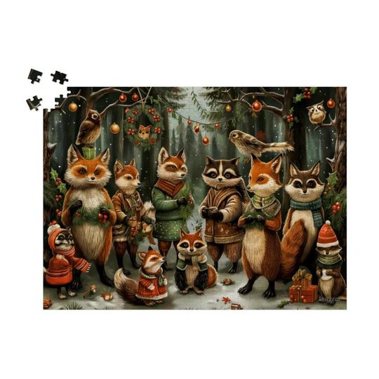 Discover Holiday Forest Foxes Wooden Jigsaw Puzzle, Christmas Puzzle for Adults, Festive Woodland Animal Gathering, Snowy Woods