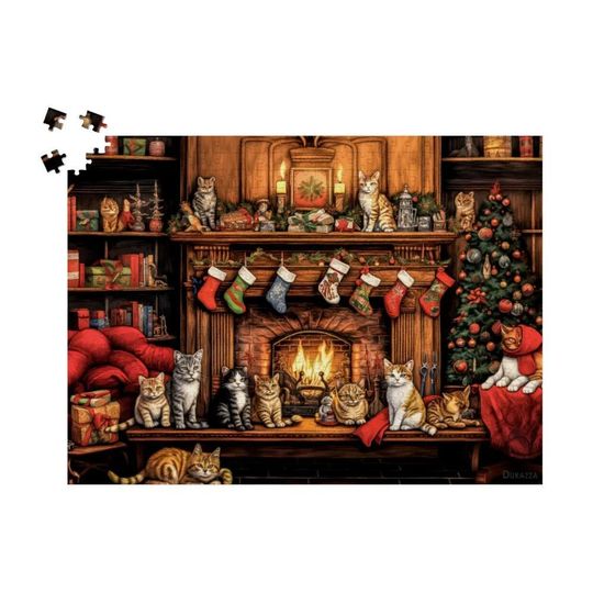 Christmas Cat Wooden Jigsaw Puzzle: Cozy Cats by Fireplace