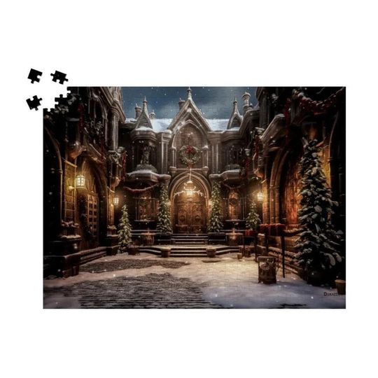 Discover Gothic Christmas Wall Art, Enchanted Winter Scene, Mysterious Festive Decor: Yuletide Castle Wooden Jigsaw Puzzle