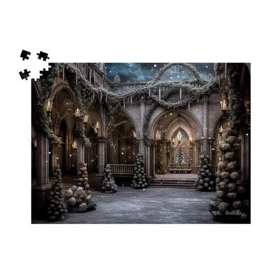 Discover A Mystical Castle Retreat, Dark Romanticism, Gothic Christmas Decorations: White Medieval Courtyard Wooden Jigsaw Puzzle