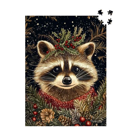 Discover Cute Raccoon Jigsaw Puzzle: Whimsical Animal Puzzle for Adults, Christmas Brain Game | Raccoon's Winter Tale by Durazza