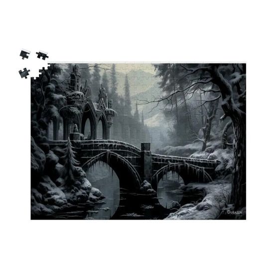 Enigmatic Gothic Winter Landscape, Serene River Scene: Snowy Bridge Over a Mysterious River Wooden Jigsaw Puzzle
