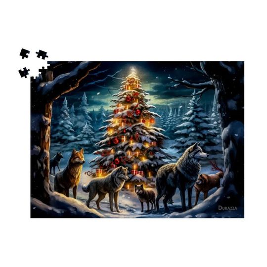 Discover Regal Winter Wolf Pack Wooden Jigsaw Puzzle: Forest Celebration with Wolves, Snow Covered Woods, Winter Wonderland