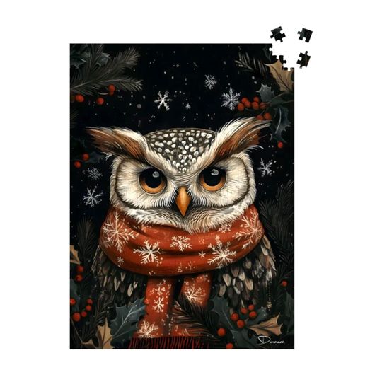 Discover Owl Jigsaw Puzzle: Whimsical Holiday Animal | Owl's Winter Tale - Durazza
