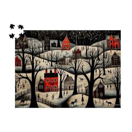Discover Mysterious Ambiance Contemporary Folk Art, Eerie Winter Scene Holiday Activity: Shadowy Snowy Hamlet Wooden Jigsaw Puzzle