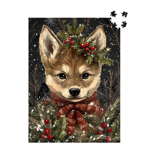 Discover Wolf Wooden Jigsaw Puzzle, Baby Wolf's Winter Tale - Durazza