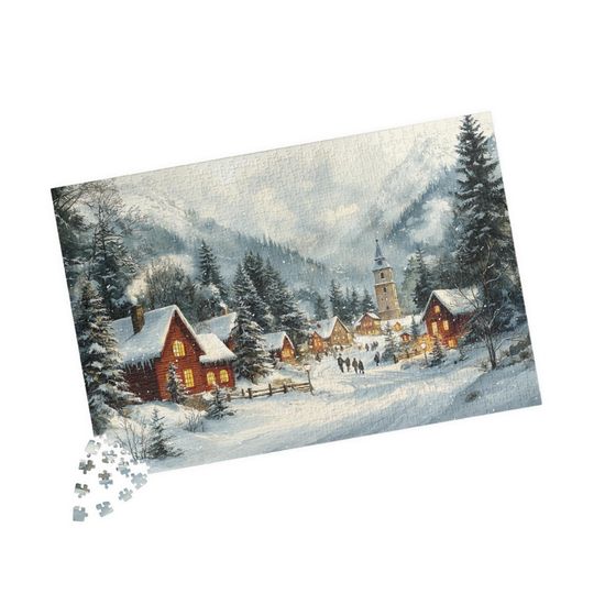 Discover Snowy Winter Village Puzzle Festive Charming Christmas Scene with Cozy Cabins and Church Tower Holiday Activity Family Christmas Puzzle