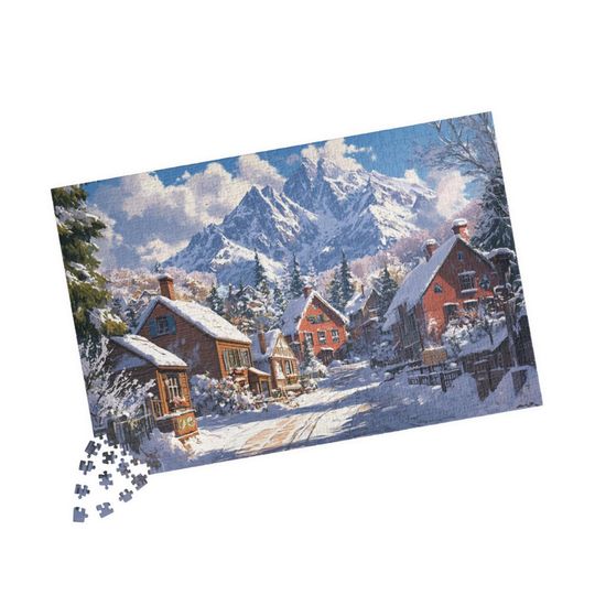 Discover Snowy Mountain Village Puzzle Festive Holiday Jigsaw Winter Scene with Snowy Cottages Family Activity Family Puzzle Christmas Puzzle