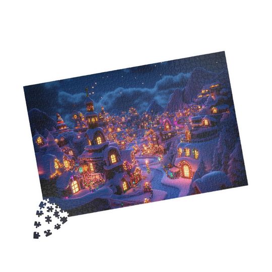 Nighttime Gingerbread Village Puzzle Festive Christmas Scene with Lit-Up Houses and Snow Family Activity Family Puzzle Holiday Jigsaw