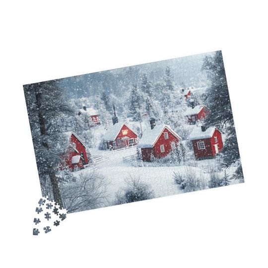 Discover Snowy Nordic Red Cottage Puzzle Festive Holiday Jigsaw Winter Scene with Snowy Cottages Family Activity Family Puzzle Christmas Puzzle