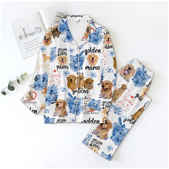 Discover Golden Retriever Pajama Set, Floral Satin PJs for Dog Moms, Long Sleeve Sleepwear, Dog Lover Gift for Her
