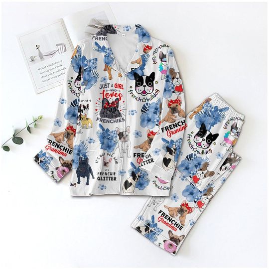 French Bulldog Pajama Set, Floral PJs, Funny Frenchie Sleepwear