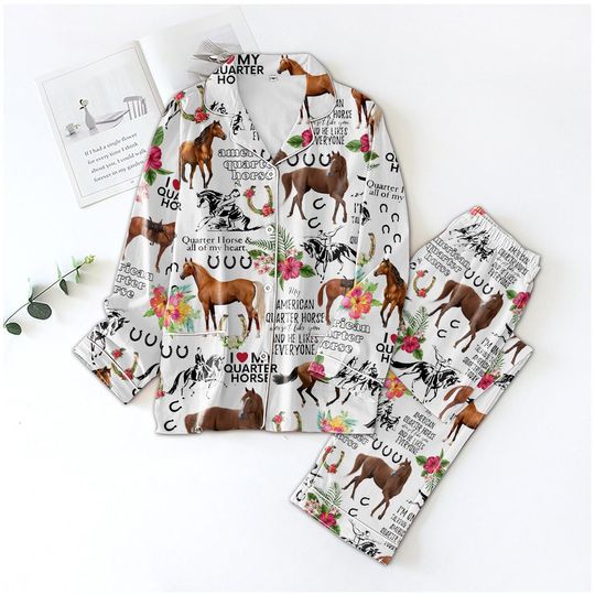 Quarter Horse Pajama Set, Western Sleepwear for Horse Lovers, Floral Print Long Sleeve Pajamas