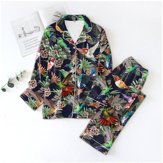 Discover Hummingbird Pajama Set, Tropical Floral Bird Satin Sleepwear for Women, Long Sleeve Loungewear Gift, Nature Pajamas