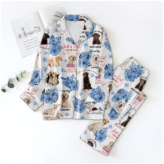 Discover Labrador Retriever Pajama Set, Floral Satin Dog PJs for Women, Cute Long Sleeve Sleepwear for Dog Lovers