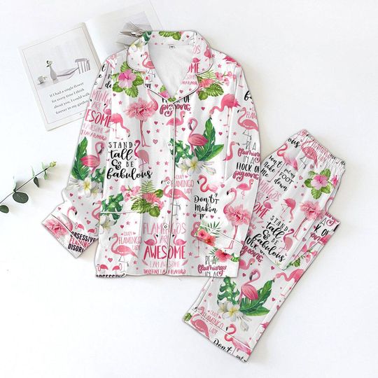 Discover Flamingo Pajama Set, Floral Satin Sleepwear for Women, Funny Bird Print Long Sleeve Loungewear, Flamingo Gift Idea
