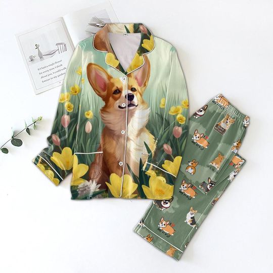 Discover Corgi Pajama Set for Dog Lovers, Cute Puppy Sleepwear, Floral Loungewear with Tulips, Cozy Animal Print Nightwear, Gift for Pet Moms