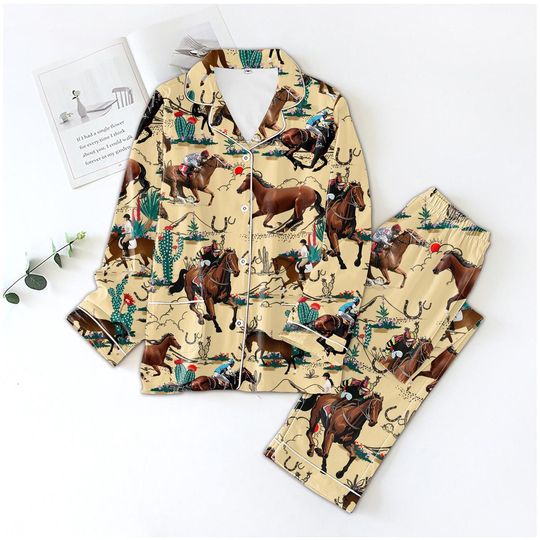 Cowboy Horse Pajama Set, Western Rodeo Sleepwear, Country Horse Loungewear, Cactus Desert Pajamas for Women