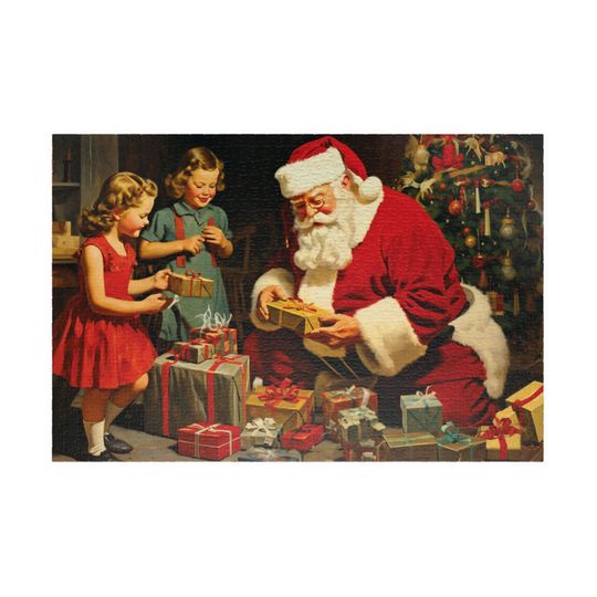 Discover Santa's Little Helpers, Available in 110, 252, 500, and 1,014 pieces, Christmas Morning, Santa Claus, Presents, 1940s, Holiday Gift Idea