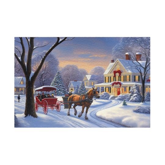 Riding in a Winter Wonderland, Christmas Theme Jigsaw Puzzle, Family Fun Gift Idea, Holiday