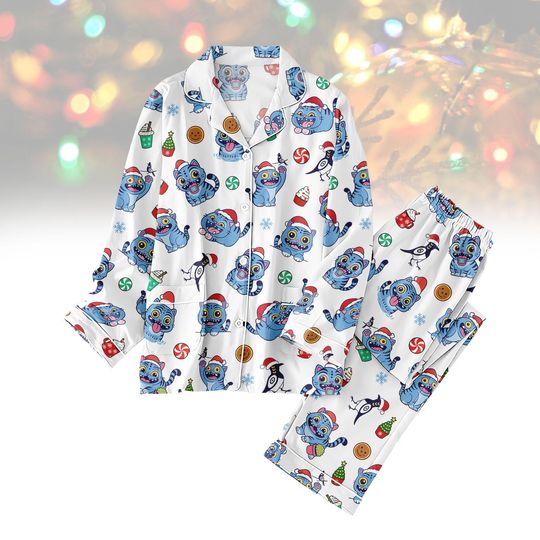 Tiger Bird Christmas Pajamas Set, Funny Tiger Holiday PJs, Cute Cartoon Pajama Outfit, Xmas Sleepwear, Holiday Gift, Derpy Tiger Pjs