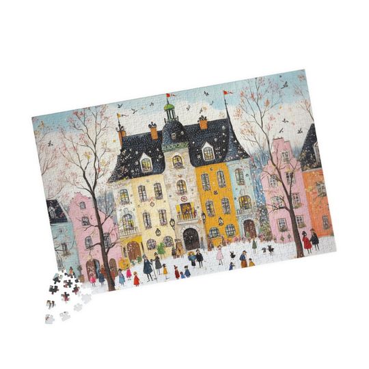 Winter Festivities in the Village Jigsaw Puzzle - Snowy Town Scene, Holiday Charm, Cozy Winter Wonderland Puzzle for Gifting, Christmas Gift