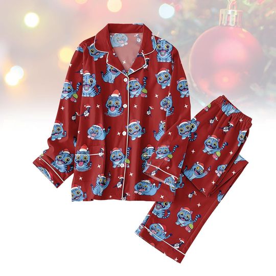 Tiger Bird Christmas Pajamas Set, Funny Tiger Xmas Sleepwear, Cute Cartoon Pajama Outfit, Holiday Gift, Derpy Tiger Kids Pjs