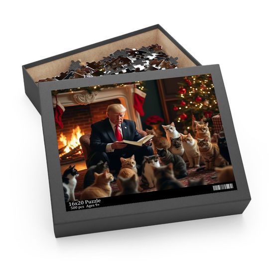Discover Jigsaw Puzzle, Donald Trump Reading a Christmas Story to Cats Puzzle, Game Gift Set, Holiday Activity, Stress Relief