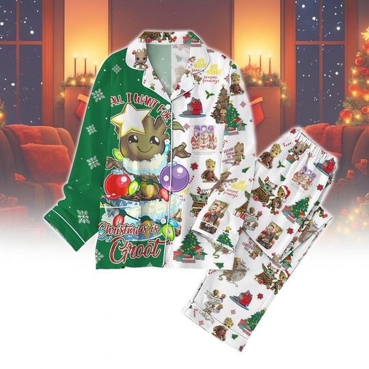 Groot Christmas Pajamas Set, Funny Movie Xmas PJs, Cute Holiday Sleepwear, All I Want for Christmas Is Groot Pajamas, Xmas Gift
