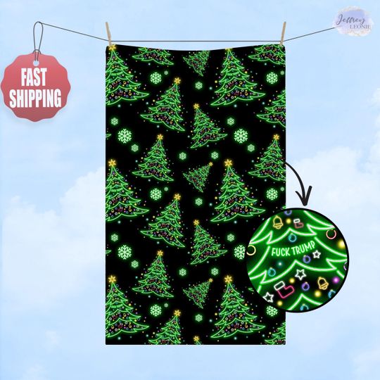 Christmas Hand Towel, Neon Light Xmas Tree Kitchen Towel