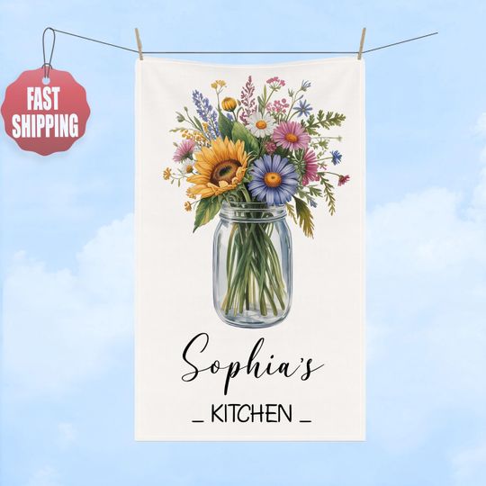 Discover Personalized Name Hand Towel, Custom Flower In Vase Tea Dish Hand Kitchen Towel, Floral Kitchen Towel Decor Gift, Hostess Housewarming Gift