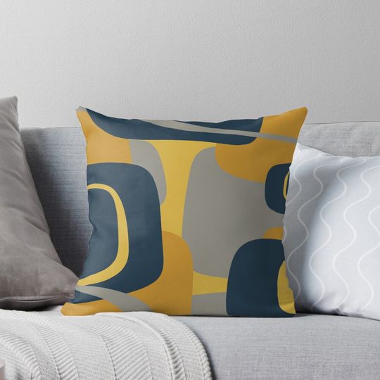 Mid Century Modern Retro Abstract Pattern in Navy Blue, Mustard Yellow, and Gray Pillow